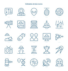 UFO and aliens stroke icon. UFO and aliens line icon set. editable stroke icon pack