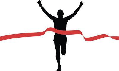 Athletic runner celebrating victory crossing the finish line with arms raised in triumph silhouette