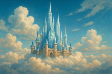 A majestic castle in the sky surrounded by fluffy white clouds and a bright blue sky.