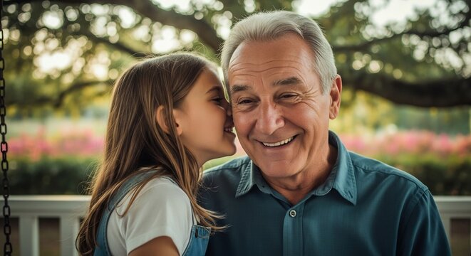 Heartwarming portrait of a girl whispering a secret to her smiling grandfather. Ideal for family, relationships, Generations, love, care, and nostalgia themes.