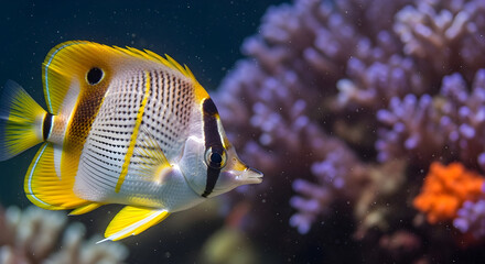 Obraz premium Striped Butterflyfish Among Purple Coral