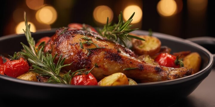 The beautifully roasted chicken leg with herbs and vegetables on a rustic plate. - Powered by Adobe