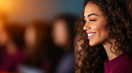 Fototapeta premium Smiling young woman enjoying a moment during an event in a cozy setting