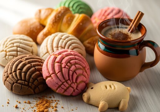 Warm steaming coffee with cinnamon in clay mug beside colorful conchas and sweet pastries