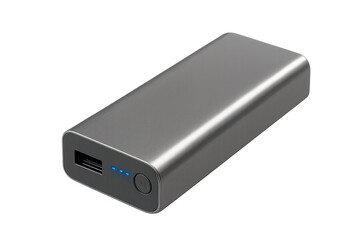 Gray metallic power bank showing charging status with blue led lights, isolated on transparent background