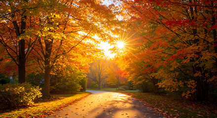 Golden Autumn Road Illuminated by the Suns Radiant Warm Light