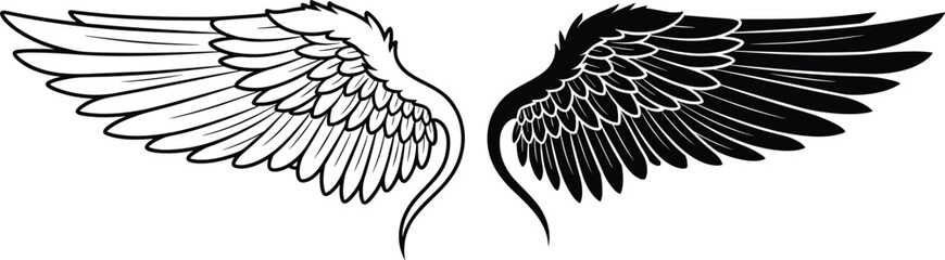 Angel wings vector illustration, black and white symmetrical design, fantasy tattoo concept, spiritual symbolism, elegant shape, detailed and artistic style