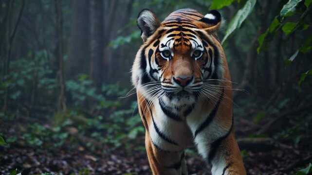 Tiger walks in dense forest mist. Jungle predator with stripes. Wild animal hunter in natural habitat. Tiger cat looks ahead. Wildlife nature scene with fog, forest, predator and stripes