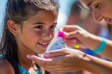 Close-up of a young mother applying sunscreen lotion to her daughters skin, emphasizing the importance of sun safety and skin protection for children, Generative AI
