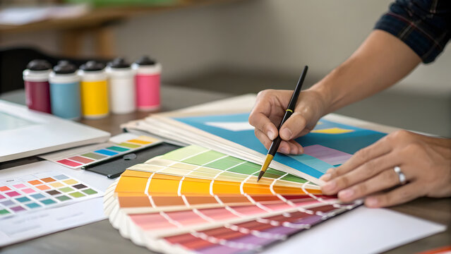 Designer Choosing Vibrant Color Swatches for Creative Design Project