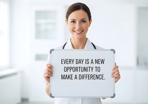 Inspiring nurse shares motivational message about making a difference with a whiteboard in a bright medical office. - Powered by Adobe
