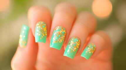 Close-up view of a hand displaying beautifully manicured nails with a mint green base and gold-glitter accents, captured in soft lighting