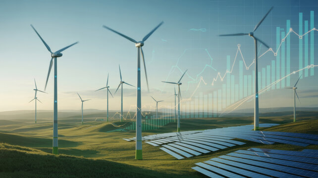 Landscape with multiple wind turbines and solar panels under clear sky, overlaid with digital graphs and data lines indicating renewable energy and energy production trends - Powered by Adobe