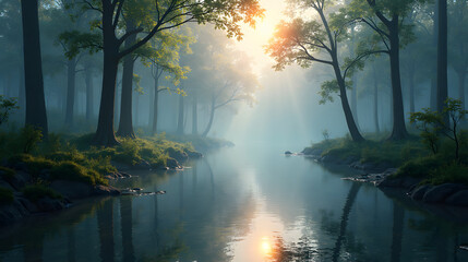 Forest reflecting in water as pastel ink