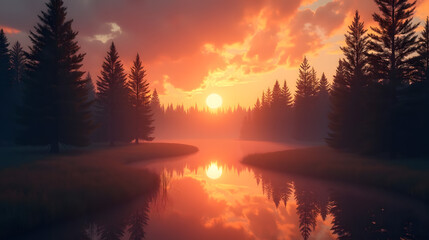 Forest silhouette with glowing sunset and reflection on water