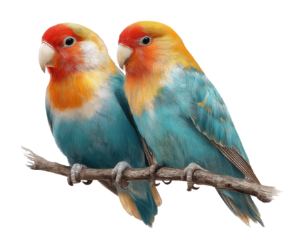 Colorful parrots on a branch exotic nature scene wildlife view isolated on transparent background, png