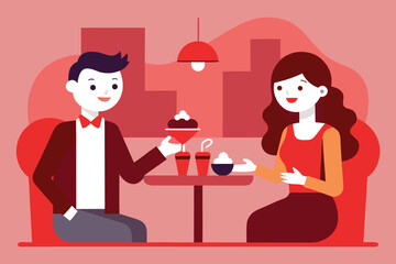 A couple enjoys dessert together at a restaurant in a romantic setting