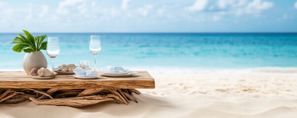 Beach Table Setting Rustic Wood, Ocean View, Romantic Dining, beach , dinner