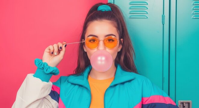 Young caucasian female blowing bubblegum in retro outfit with colorful background