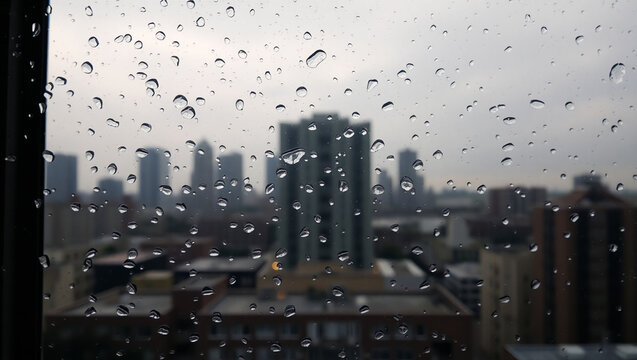 Raindrops on a window in a city apartment. Blurred urban skyline with grey sky and tall buildings