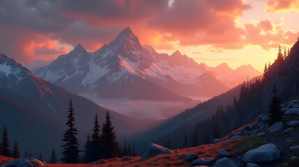 Warm toned mountain scene with dramatic evening sky