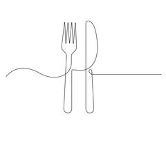 Knife and fork continuous one line drawing of outline vector illustration	
