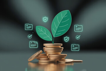 Stack of coins with green leaves growing from top, symbolizing financial growth and sustainability, with digital icons representing security, health, and verification floating around
