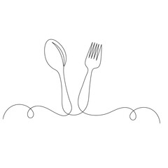 Knife and fork continuous one line drawing of outline vector illustration	