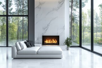 White sofa placed against a wall with ample copy space. Scandinavian home interior design for a modern living room, Generative AI