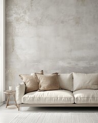 Beige sofa positioned against a grey concrete wall, leaving space for copy text. Scandinavian home interior design for a modern living room, Generative AI