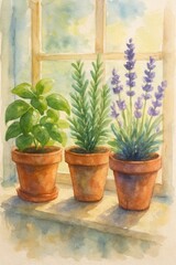 Fototapeta premium Watercolor painting of basil, rosemary, and lavender in terracotta pots on a sunny windowsill.