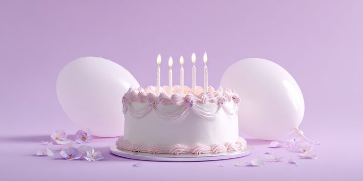 The elegant birthday cake adorned with balloons and candles on a pastel background.