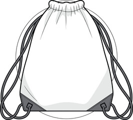 Drawstring backpack bag flat vector CAD sketch, front view illustration, technical fashion accessory mockup design, for branding, template, printing