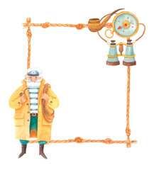 Watercolor square nautical rope frame with captain and marine elements: compass, binoculars and pipe isolated on white. Ocean clipart border for sea-themed designs, summer party invitations and cards.