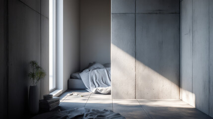 minimalist bedroom designed with clean aesthetic featuring bed integrated with realtime sleep biorhythm monitoring