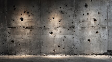 Obraz premium Concrete Wall with Bullet Holes: A weathered concrete wall with multiple bullet holes, hinting at a story of conflict, decay, and resilience, showcasing the raw essence of urban texture.