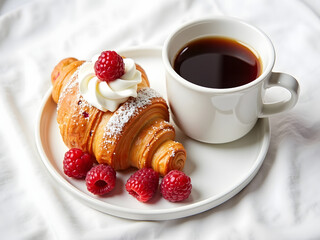 Croissant with raspberry jam and cream, fresh raspberries, and strong, freshly brewed coffee