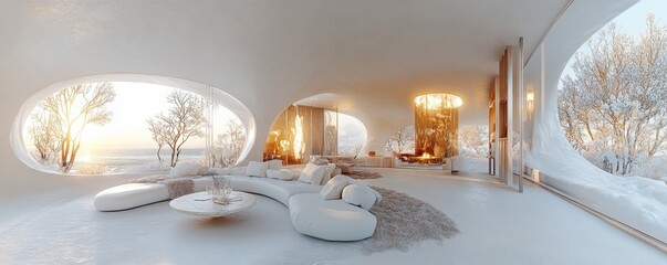 Modern interior featuring a white sofa in a panoramic setting, captured in 3D to highlight the open space and airy atmosphere, Generative AI