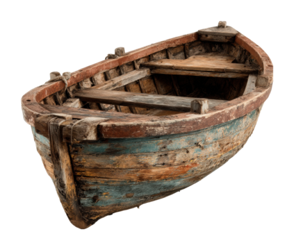 Abandoned wooden boat coastal area still life rustic environment view isolated on transparent background, png