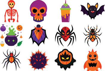 Funny black and color Halloween cats with pumpkins bats and spooky night elements