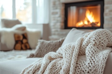 Close-up of a loveseat sofa draped with a knitted blanket by a fireplace, creating a warm and inviting winter atmosphere. Nordic home interior design for a modern living room, Generative AI