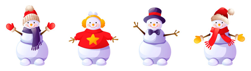 Set of Christmas funny snowmen in scarves and caps, hats and mittens. Snowman characters suitable for New Year's festive winter decor. Winter fun.