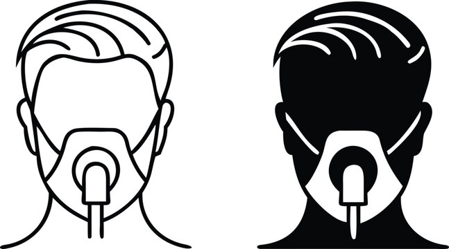 Oxygen Mask Icons. Black and White Vector Illustration. Medical Device For Supplying Oxygen To Patients Having Breathing Problems. Lung Disease Concept
