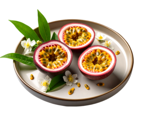 Three slices of passion fruit on a light gray plate, garnished with flowers and leaves, against a black background.  Passion fruit, slices, flowers, leaves, plate, fruit, healthy food