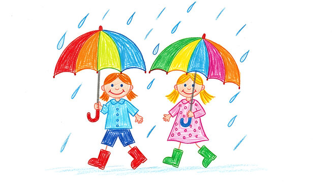 Children's drawing of rainy day with two girls holding colorful umbrellas, walking in the rain.
