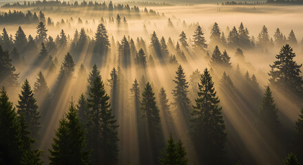 Golden Sunrise Piercing a Misty Forest Canopy