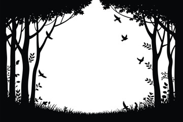 Enchanted forest clearing with flying birds and lush foliage in a striking black silhouette