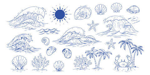 Hand Drawn Sea and Beach Elements Vector Illustration for Summer Vacation and Ocean Themed Designs Perfect for Fabric Prints and Scrapbooking