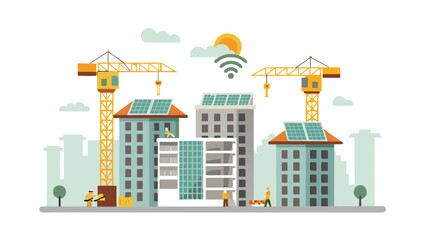 Obraz premium Illustration of construction site with buildings, cranes, solar panels, and workers in daylight