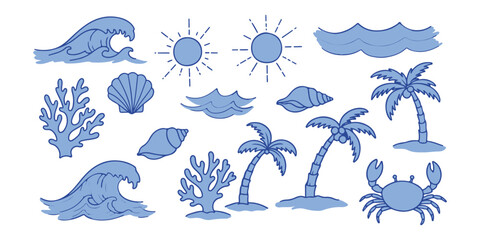 Fototapeta premium Summer Vacation Vector Illustration Featuring Ocean Waves Sun Palm Trees and Sea Life in a Light Blue Hue Perfect for Beach Themed Designs